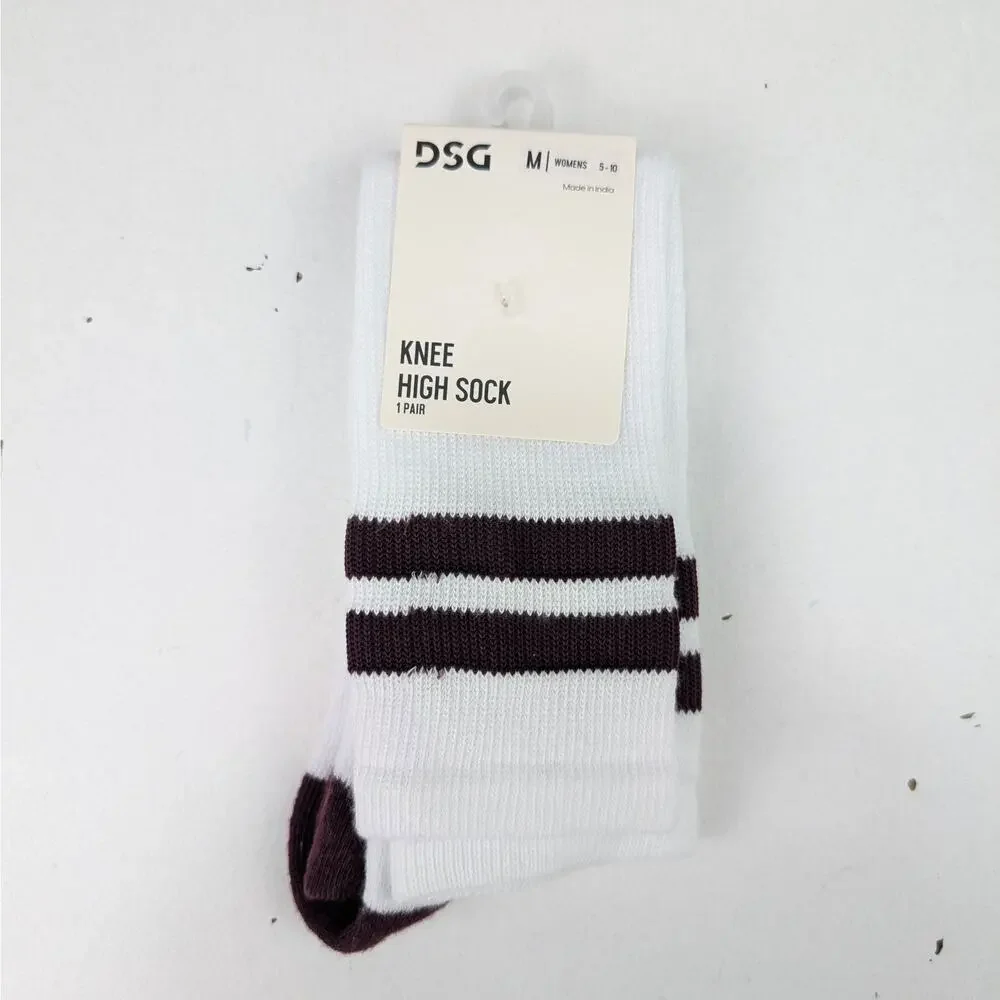 DSG Women's 5-10 Knee High Sock - Retro Stripe Burgundy/White